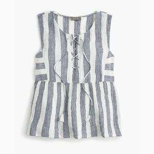 J. Crew Point Sur Tie-Front Top in Striped Linen in Blue/White | Medium